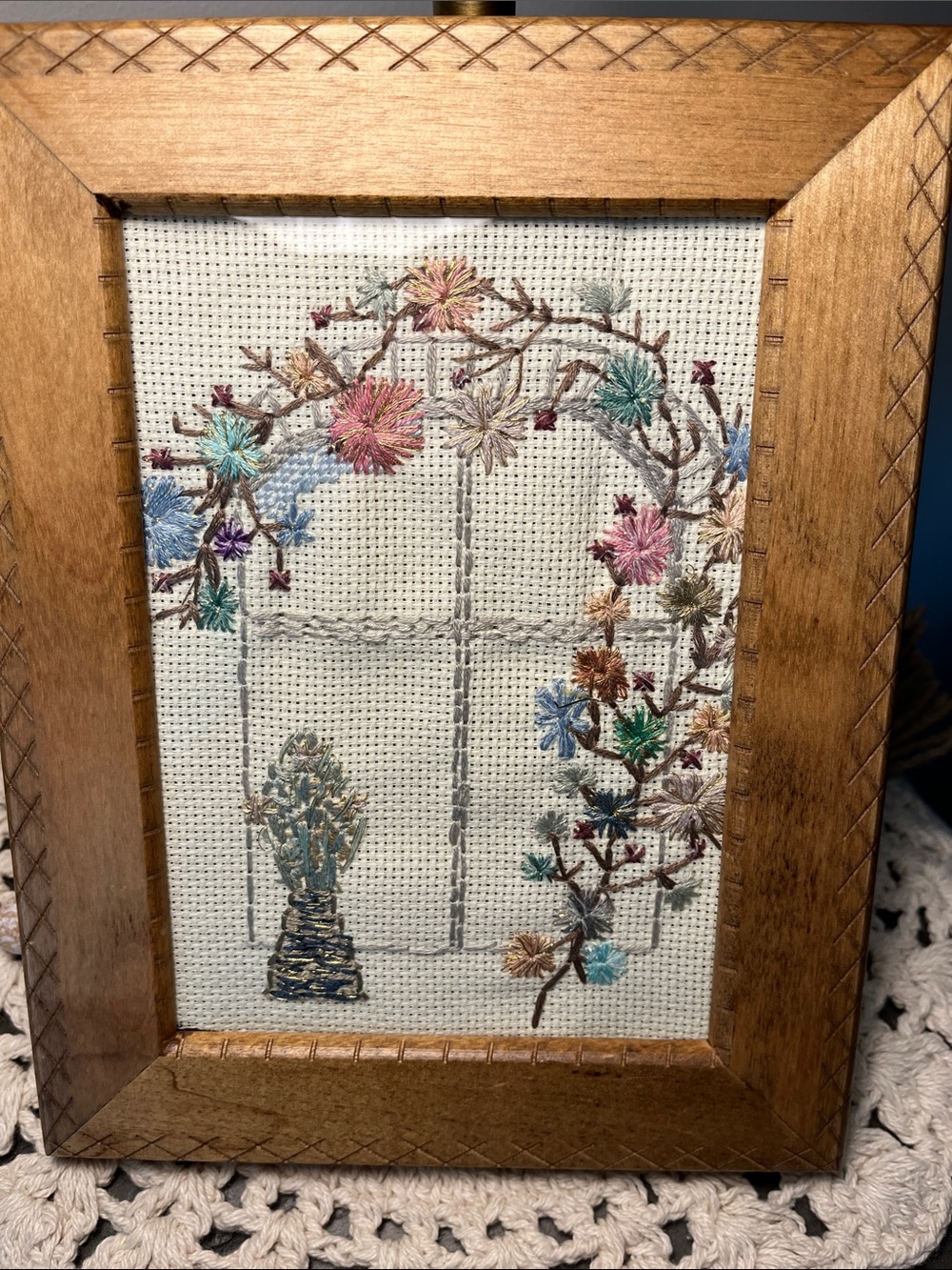 Hand Embroidered Floral Window Art - Pastel Thread Wreath